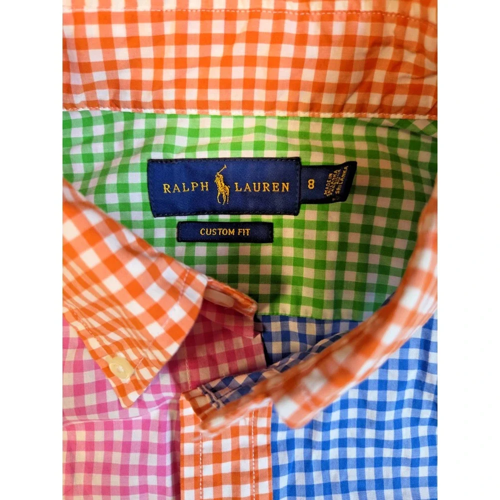 Ralph Lauren Boys Sz 8 Gingham Colorblock Button Down Shirt Multi Color Preppy